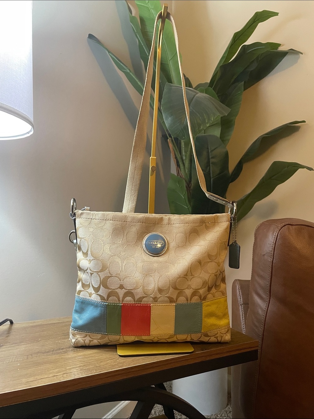 Coach Beige Signature Canvas Shoulder Bag with Colorblock Stripe